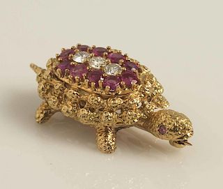 Ruby Diamond 18k Turtle Brooch