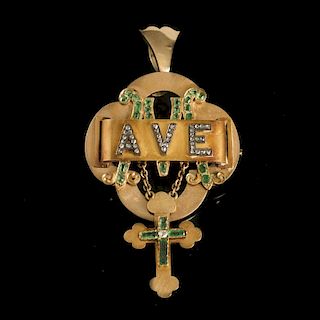 Ave Maria 14k Gold Brooch with Diamonds & Emeralds