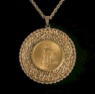 U.S. $20 Double Eagle, St. Gaudens, in 14K Gold Bezel with Chain