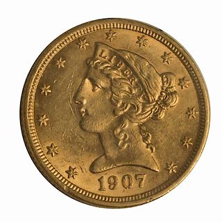 1907 U.S. $5.00 Half Eagle AV 55 +