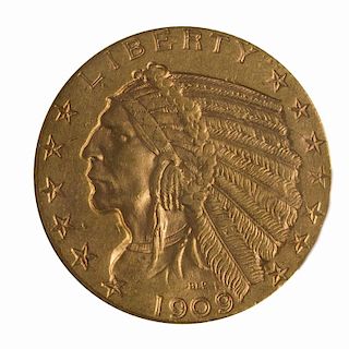 1909 U.S. $5.00 Half Eagle, Indian Head AV 55 +