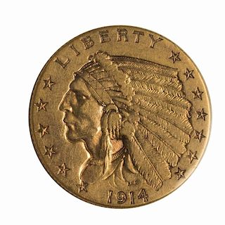 1914-D U.S. $2.50 Quarter Eagle, Indian Head EF +