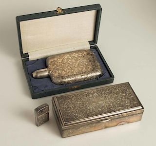 Sterling Silver Flask, Tobacco Box & Lighter