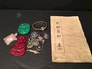 OLD Chinese book, silver sterling and gem stone pendents, etc