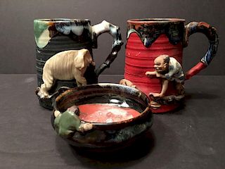 Antique Japanese Sumida Gawa Mugs and bowl with figurines. 19th Century. 5 1/2" high