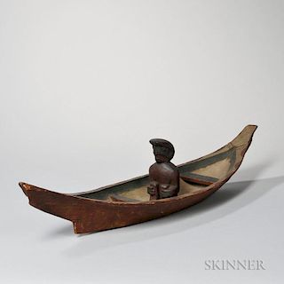 Salish Carved Wood Model Canoe with Passenger