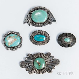Five Navajo Silver and Turquoise Pins