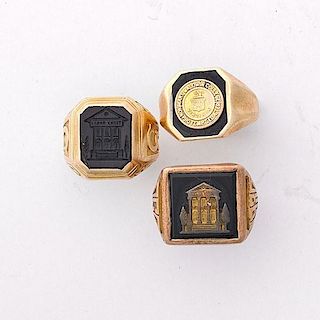 THREE YELLOW GOLD OR GOLD FILLED CLASS PINKY RINGS