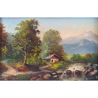 19th Century Austrian "Das Passeiertal in Tirol" Oil on Wood Panel. Signed with  "Z" shaped letter lower right.