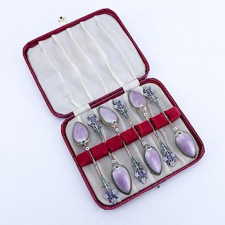 Set of Six (6) 950 Silver Enameled Demitasse Spoons.