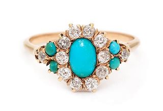 A Victorian Yellow Gold, Turquoise and Diamond Ring, 1.65 dwts.