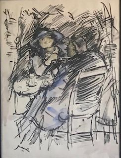 Ink and Watercolor, Cafe Scene,  by Jules Pascin (1885-1930)