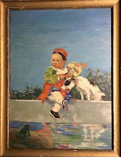Oil on Board, Chinese Boy and Dog, Unsigned