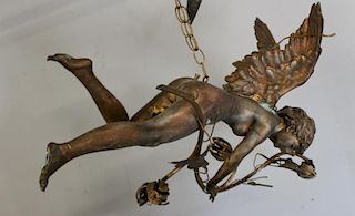 Antique Bronze "Flying Goddess" Form Chandelier.