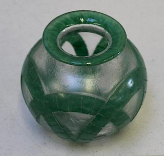 DEGUE, Signed Acid Etched Green Glass Vase.
