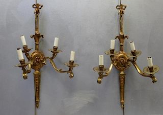 A Pair of Antique Gilt Bronze 4 Arm Ribbon and