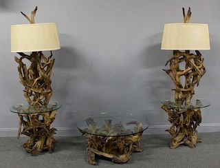 MIDCENTURY. 3 Driftwood Tables with Glass Tops.