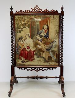Antique Rosewood or Walnut Needlepoint Fire Screen