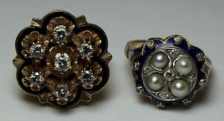 JEWELRY. Enamel and Diamond Gold Ring Grouping.