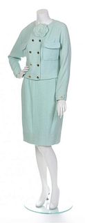 A Chanel Seafoam Green Wool Boucle Skirt Suit, Size 40.