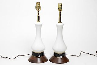 Mid-Century Modern Teak & White Glass Lamps, Pair