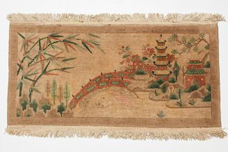 Vintage Rug, w. Asian Pagoda Landscape- 2' 1" X 4'
