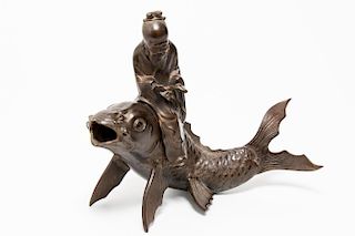 Chinese Bronze Figure, Shou Lao Riding a Koi Fish