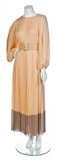 A Galanos Peach Pleated Silk Chiffon Dress,