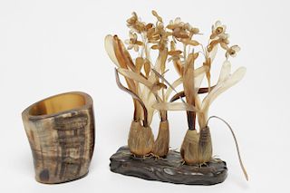 Asian Carved Horn Sculpture & Brush Pot