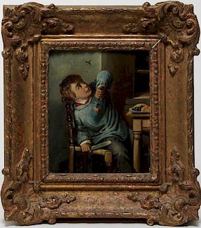 Antique Oil on Tin Genre Painting, 19th Century