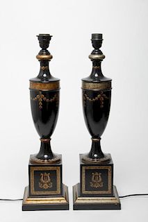 Neoclassical Gold-Painted Black Table Lamps, Pair