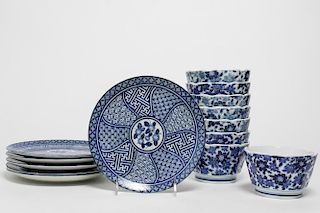 Japanese Blue & White Porcelain Bowls & Plates,14