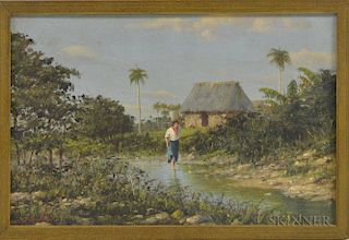 Escalante Diaz (Mexican-Cuban, 1865-1939)      Cuban Landscape with Woman Wading