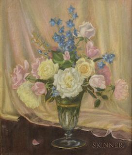 Mae Bennett Brown (American, 1887-1973)      Floral Still Life with Roses and Delphinium