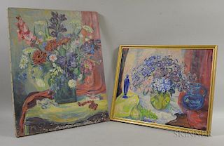 Marguerite Neuhauser Shafer (American, 1888-1976)      Two Floral Still Lifes: Blue Flowers in Green Vase