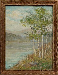 American School, 19th/20th Century      Lake Scene with Foreground Birch Trees
