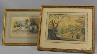 British School, 19th Century      Two Framed Watercolor Landscapes: Woman Crossing a Stone Bridge
