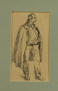 French School, 19th Century    Drawing of a Standing Male Figure Wearing a Cape