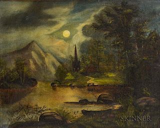 American School, 19th Century      Primitive-style Moonlit Landscape with Pond and Distant Spire
