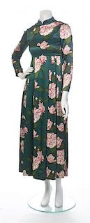 A George Halley Green Floral Print Satin Gown,
