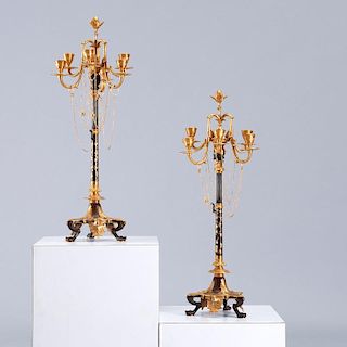 Pair Empire gilt and patinated bronze candelabrum