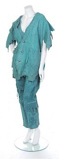 A Kansai Yamamoto Turquoise Slashed Leather Three Piece Ensemble, Top and jacket size M, pants size 26.