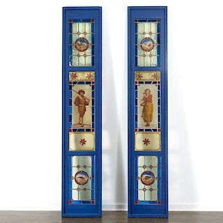 Pair Victorian style stained glass window panels