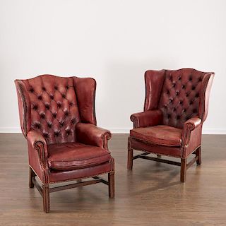 Nice pair leather Chesterfield wingback chairs