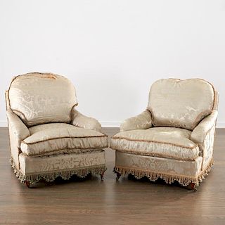 Pair silk upholstered lounge chairs
