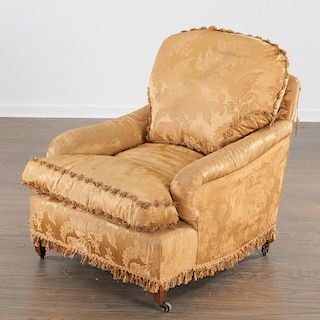 Silk upholstered lounge chair and ottoman