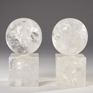 Pair Rock Crystal orbs on plinths