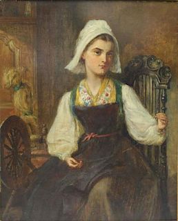 HUGHES, E. Oil on Canvas. Woman Spinning Thread.