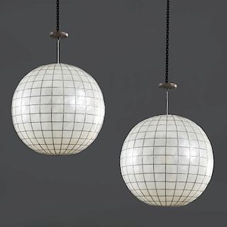 Pair large capiz shell globe pendant lamps