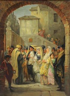 19th C. Oil on Canvas. Jewish Wedding Scene.